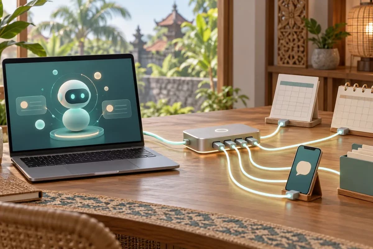 Laptop dengan asisten AI tersambung lewat satu hub konektor ke kalender, spreadsheet, dan ponsel chat di meja kantor