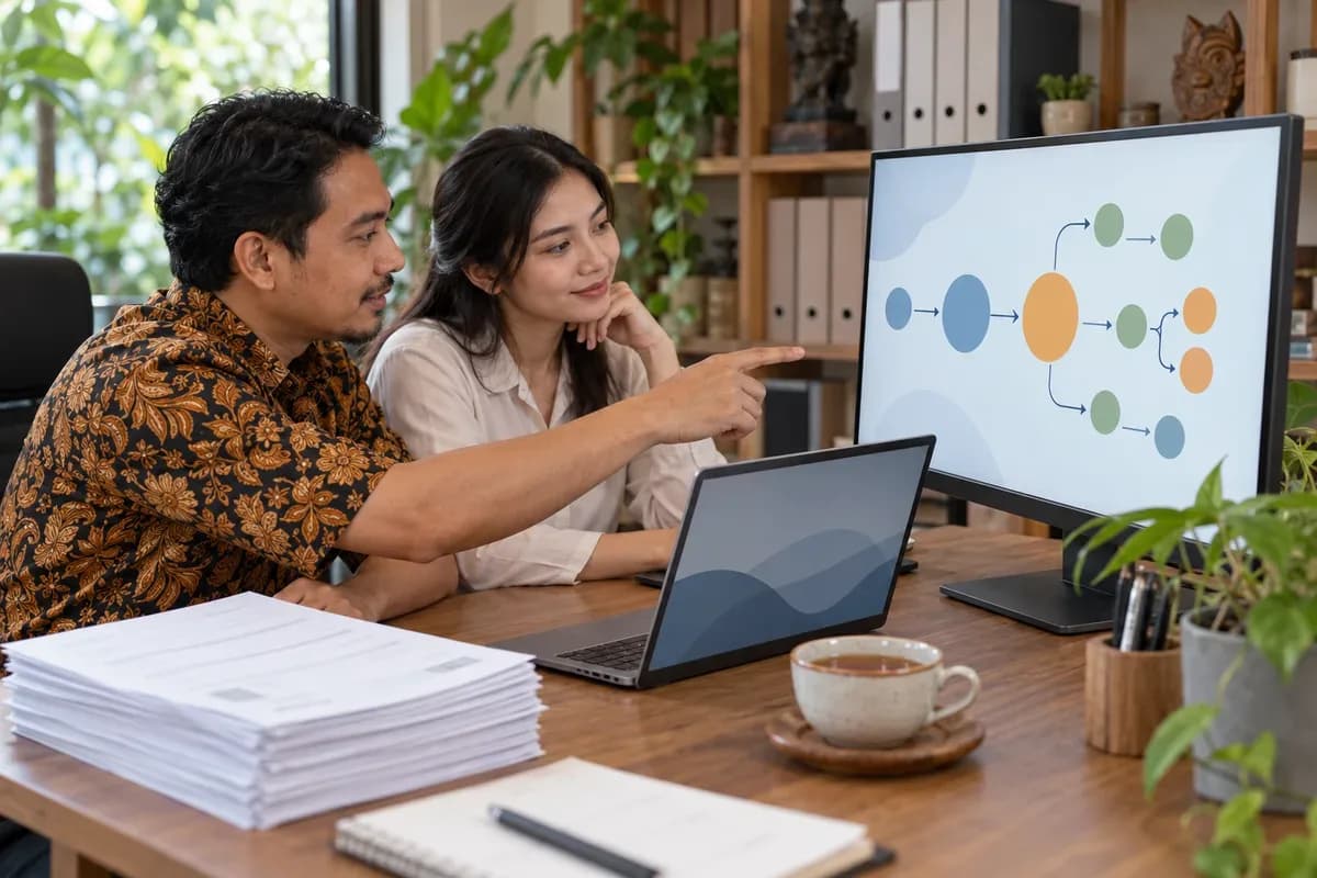 Pemilik usaha dan staf meninjau diagram alur kerja beberapa agent AI yang saling terhubung di monitor kantor