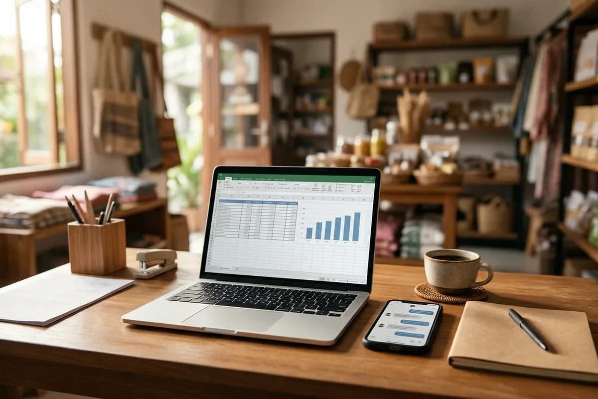 Laptop di meja kerja toko kecil menampilkan spreadsheet dengan grafik rekap penjualan, di samping ponsel berisi chat pesanan dan buku catatan