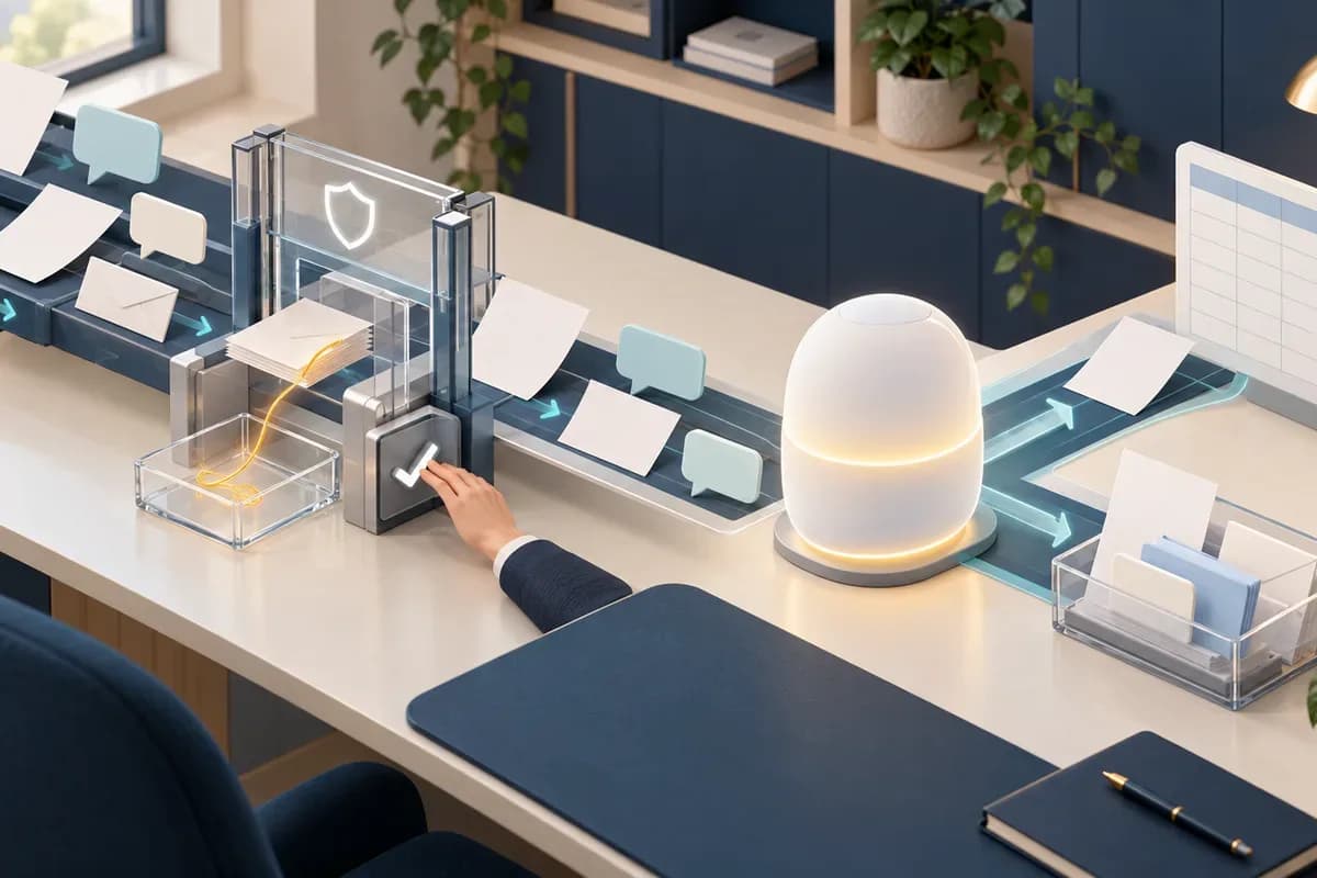 Ilustrasi meja kantor dengan alur dokumen dan pesan yang melewati gerbang pemeriksaan sebelum sampai ke asisten AI, menggambarkan pencegahan prompt injection