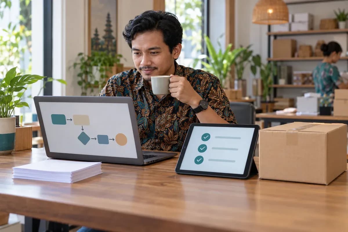 Staf usaha kecil memegang cangkir teh di meja kerja dengan laptop berisi diagram alur abstrak, tablet daftar periksa, tumpukan kertas pesanan, dan kardus siap kirim