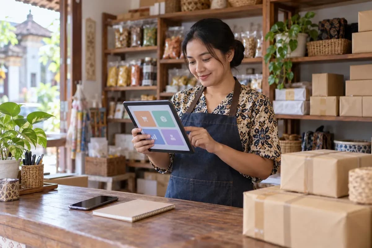Pemilik toko kecil memeriksa tablet di meja kasir dengan paket pesanan siap kirim