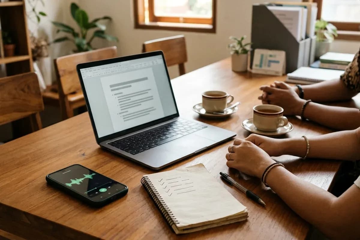Ponsel merekam suara rapat di meja kayu, di samping laptop berisi catatan berpoin, buku catatan dengan daftar centang, dan dua cangkir teh