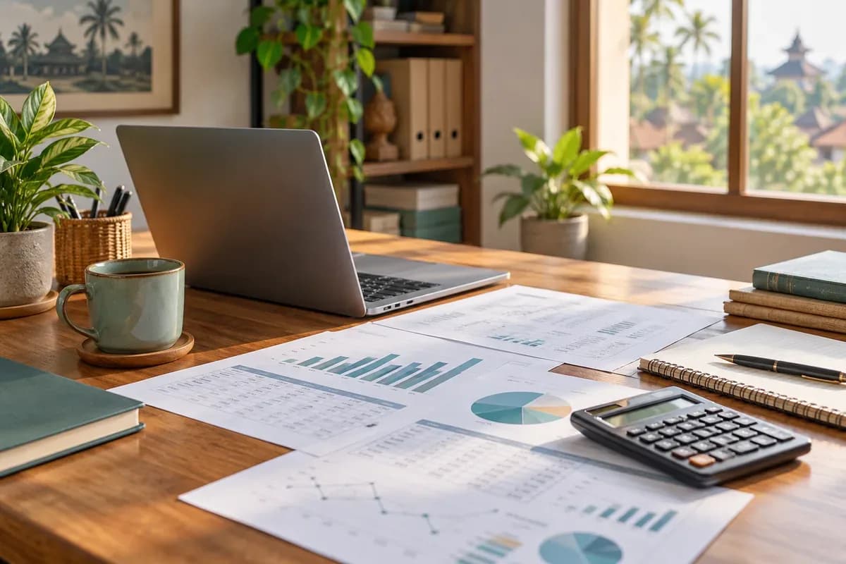 Meja kerja dengan laptop, spreadsheet, dan kalkulator untuk meninjau biaya AI agent bisnis