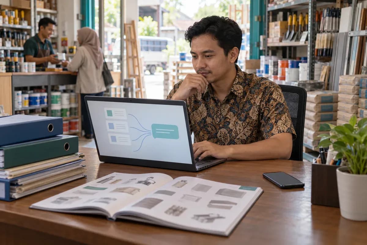 Pemilik toko bahan bangunan berbatik memeriksa laptop berisi diagram abstrak dokumen yang mengalir ke balon chat, dengan tumpukan map, katalog terbuka, dan staf melayani pelanggan di belakang