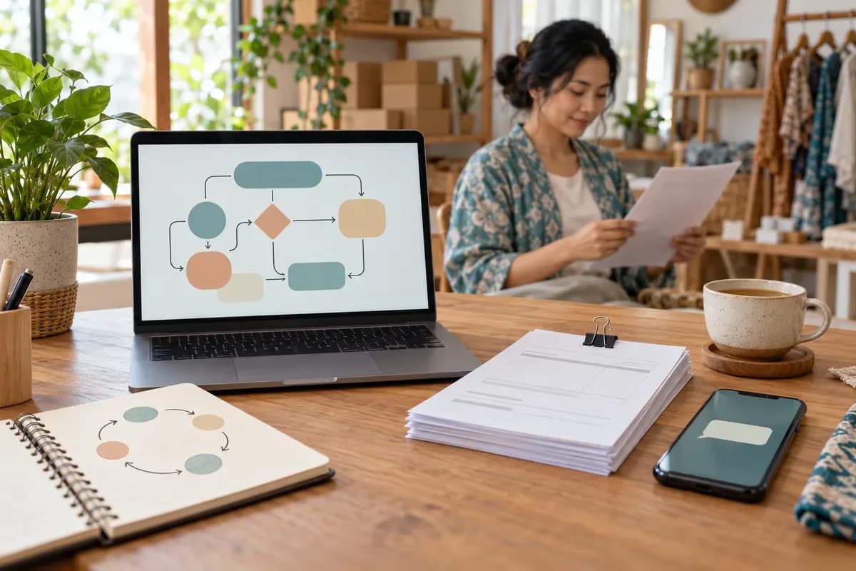 Meja kerja usaha kecil dengan laptop yang menampilkan diagram alur kerja, buku catatan berisi sketsa siklus, dan tumpukan tagihan