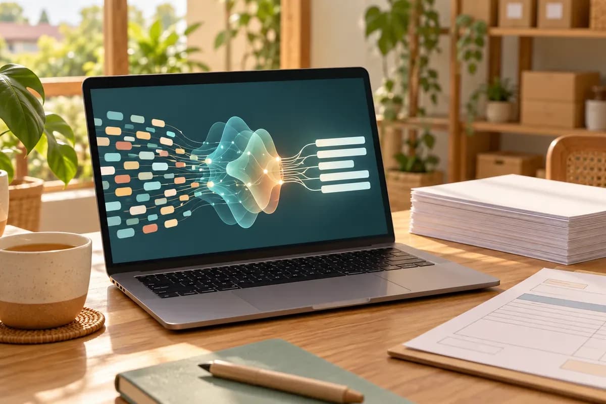 Laptop di meja kerja menampilkan ilustrasi potongan teks yang diproses model bahasa besar (LLM) menjadi paragraf