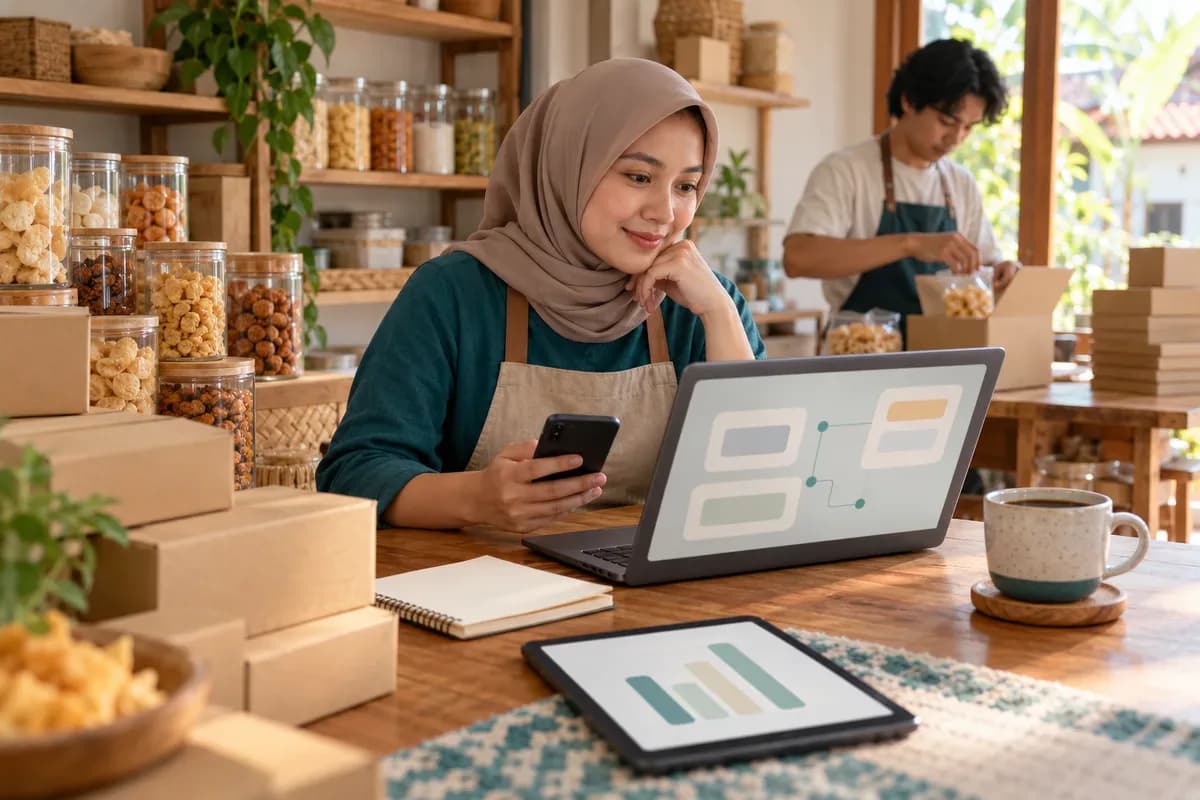 Pemilik usaha camilan rumahan berhijab memegang ponsel di depan laptop berisi diagram tugas abstrak, dengan stoples camilan, kardus pesanan, dan staf yang mengemas pesanan di belakang